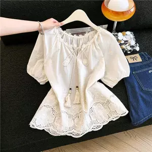 Áo sơ mi ngắn tay rỗng thêu kiểu Pháp dành cho nữ Thiết kế mùa hè Ren ren bọc bụng Phong cách mát mẻ Áo sơ mi nhỏ đặc biệt