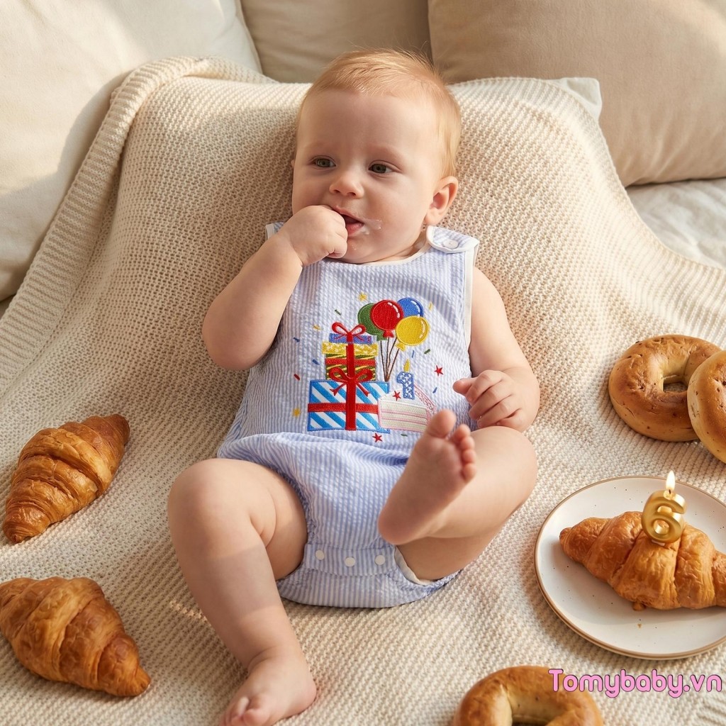[lpDL] Áo liền quần sinh nhật đầu tiên cho bé Áo liền quần sọc thường ngày Quà bánh bóng thêu cổ tròn Bộ áo liền quần không tay