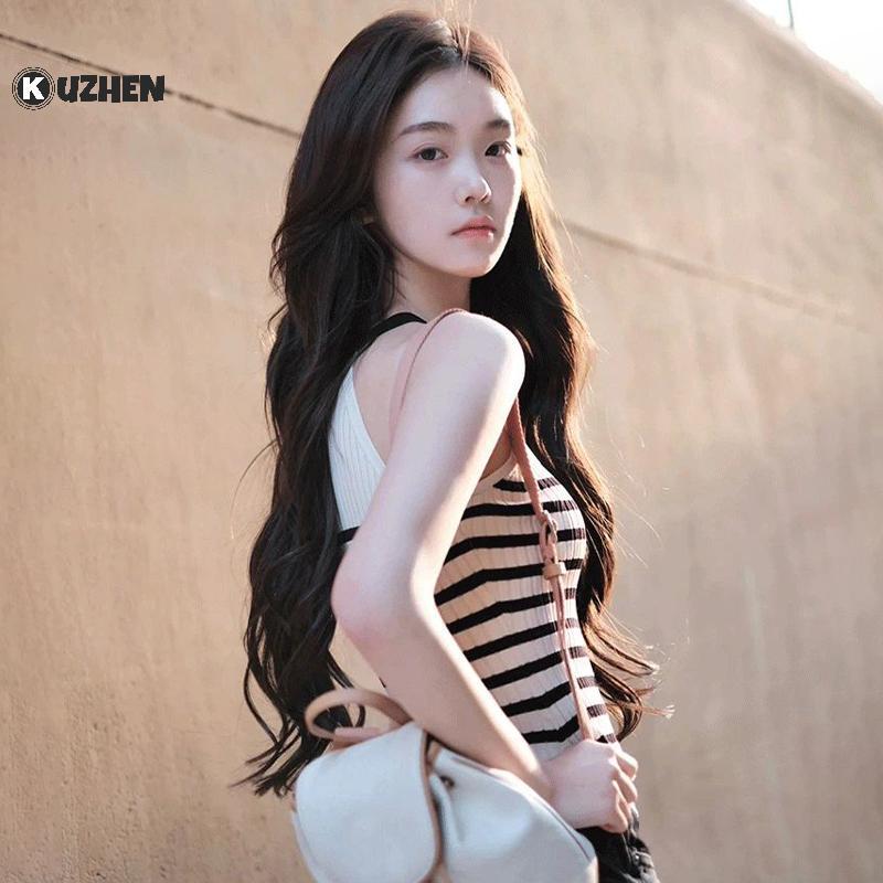 KUZHEN Sọc Áo Vest Nữ Không Tay Tròn Ne Casaul Kỳ Nghỉ Mùa Hè Vỏ Sang Trọng Áo HOT