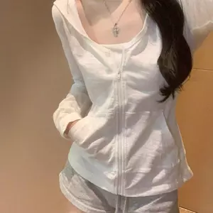 Phong cách Hàn Quốc Preppy có mũ trùm đầu Dây kéo dài tay Quần áo chống nắng nữ Áo khoác Cardigan phù hợp cho mùa hè Mặc thường ngày Ánh sáng thoáng khí