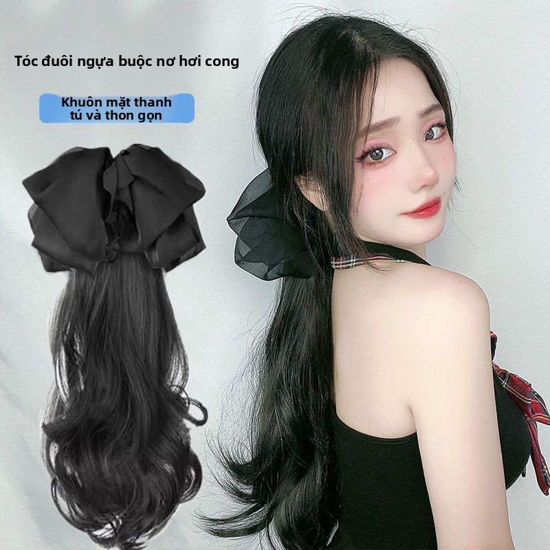 Tóc giả đuôi ngựa kèm nơ,45cm,nơ tháo rời được,xoăn bồng bềnh sóng tự nhiên,Mẫu mới 2026