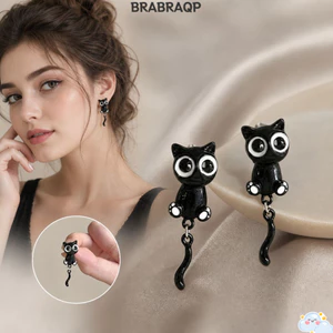 Bông tai mèo con màu đen BRBRAA, Bông tai thả mèo đen hợp kim phong cách hoạt hình dễ thương, Phụ kiện trang sức Phong cách Pháp Trang sức thời trang ngọt ngào Bông tai sang trọng nhẹ cho bé gái
