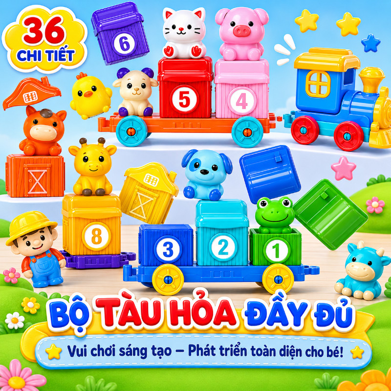 【SKISOPGO】Bộ tàu hỏa trang trại Montessori-đồ chơi ghép cặp dạy số,màu sắc và hình khối,Rối ngón tay Cho Trẻ Em