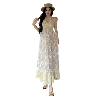 Váy Nữ liền thân cổ chữ V bằng ren thêu cotton dệt dày dặn, kiểu halter, thích hợp cho kỳ nghỉ hè