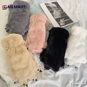 AN.MART 1 đôi găng tay lông xù nữ mùa đông, kiểu móng gấu/mèo, full ngón, lót lông mềm, dành cho nữ