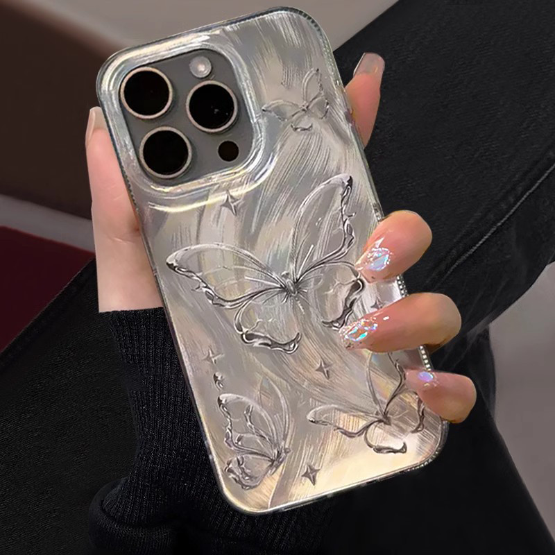 Ốp lưng bướm bạc cao cấp phong xuân cho iPhone 17/16/15/14Vỏ lông vũ