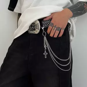 AqToCna Retro Punk Ro Quần Đeo Chéo Dây Xích Nam Nữ Quần Jean Dây Chuyền Chữ Thập Móc Khóa Quần Jean Unisex Hip-hop Trang Sức Quà Tặng AqToCna