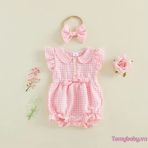 Bộ áo liền quần Gingham tay bay Bộ áo liền quần bong bóng kẻ sọc cổ búp bê với bộ băng đô nơ phù hợp