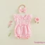 Bộ áo liền quần Gingham tay bay Bộ áo liền quần bong bóng kẻ sọc cổ búp bê với bộ băng đô nơ phù hợp