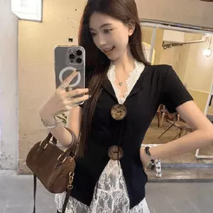 Áo thun ngắn tay cổ chữ V có nút cao cấp cỡ lớn dành cho nữ mùa hè béo mm Dây buộc ren xếp lớp hai @
