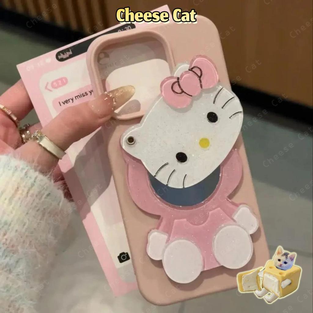 Gương trang điểm trượt Kitty + Ốp điện thoại phủ đá cuội cho iPhone 11 12 13 14 15 16 17 Pro Max 7 Plus Xs Max XR