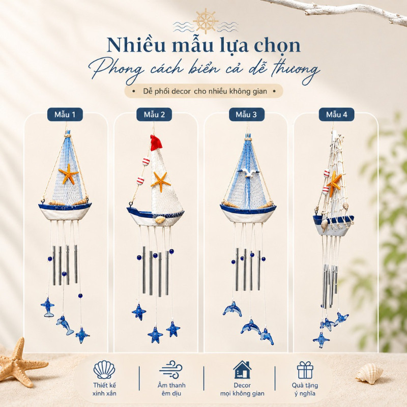 Chuông Gió Thuyền Buồm Sáng Tạo – Phong Cách Địa Trung Hải, Màu Xanh Biển – Treo Trang Trí Nhà Bếp, Văn Phòng, Phòng Ngủ