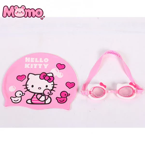 Hello Kitty Pink Phim hoạt hình dễ thương Kính bơi và mũ bơi chống nước thông thường dành cho trẻ em