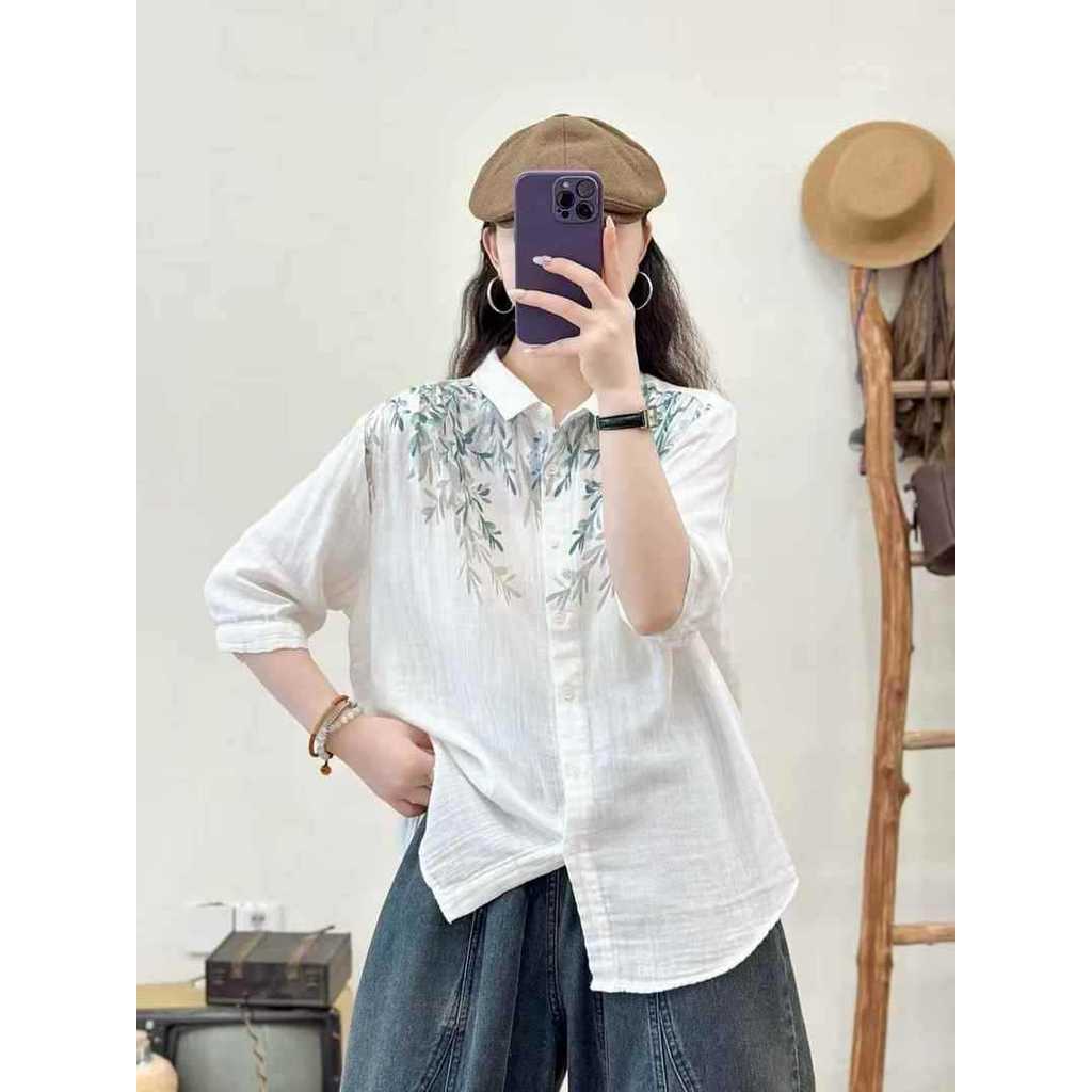 [Hàng có sẵn] Áo sơ mi nữ Cotton cao cấp dáng rộng tay ngắn in họa tiết lá tre phong cách Hàn Quốc