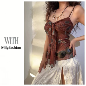 Milyfashion Gạc Quan Điểm Phong Cách Dân Tộc In Ren Đơn Giản Co Giãn Mỏng Phù Hợp Với Sling Y2K Phong Cách Mới Pure Desire GWJ5
