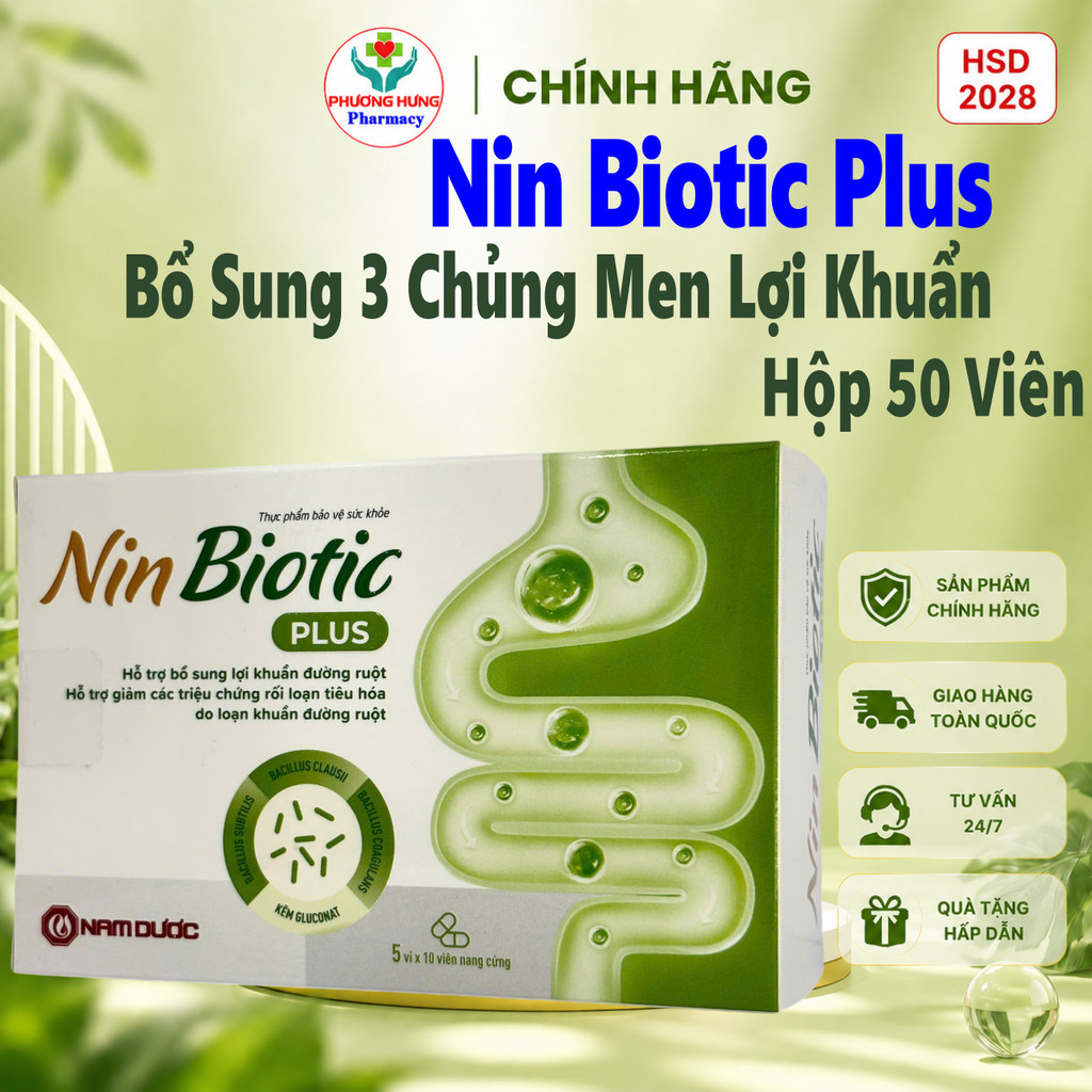 Men Vi Sinh Nin Biotic Plus Bổ Sung 3 Chủng Men Lợi Khuẩn, Cải Thiện Hệ Vi Sinh Đường Ruột- Hộp 50v