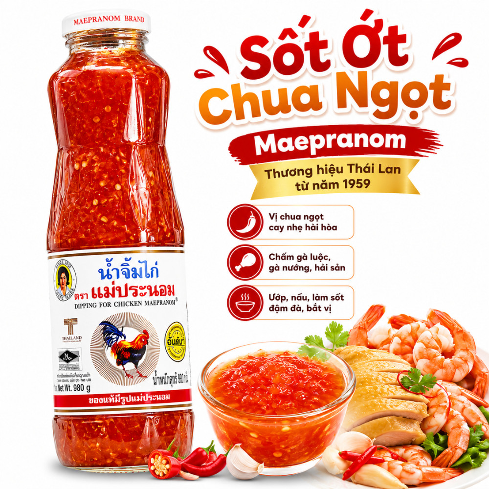 Sốt Ớt Chua Ngọt Maepranom 980g Thơm Ngon Đậm Vị Dùng Làm Sốt Ướp, Sốt Xào Chấm Gà Rán