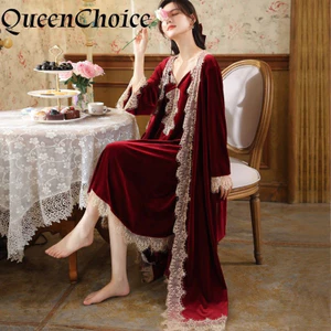 2 Cái / bộ Nữ Mùa Đông Nhung Ren Sling Váy Áo Liền Quần Công Chúa Váy Ngủ Nữ Váy Ngủ Đồ Ngủ