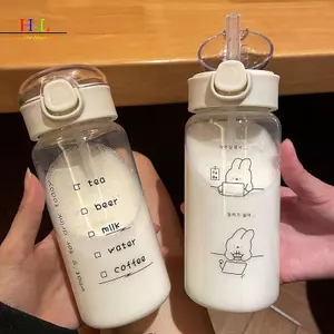 HL Hoạt Hình Bình Nước Có Ống Hút Dễ Thương Nhựa Uống Di Động Chống Rò Rỉ Đồ Uống Để Uống Sữa Cà Phê Trà LMWU