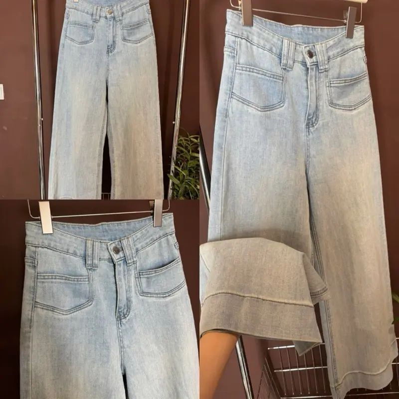 Quần Jean Suông Nữ CHEZI HOUSE Xanh Nhạt Ánh Mài Vải Jean Mềm Qc dài 100cm #8663