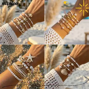 Vòng tay vỏ nhiều lớp NICOLOO, Vòng tay đính cườm hạt Bohemian, Sao biển xếp chồng rùa Mặt dây chuyền quấn dây chuyền quyến rũ bãi biển