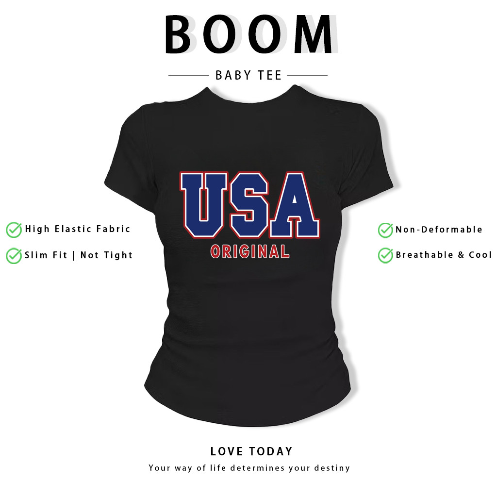 BOOM Áo Baby Tee Nữ Cotton Ôm Body-Áo Thun Ngắn Tay Y2K In Hình PhongCách Mùa Hè, Cổ Tròn Hàng Đầucách hàn quốc phongV13