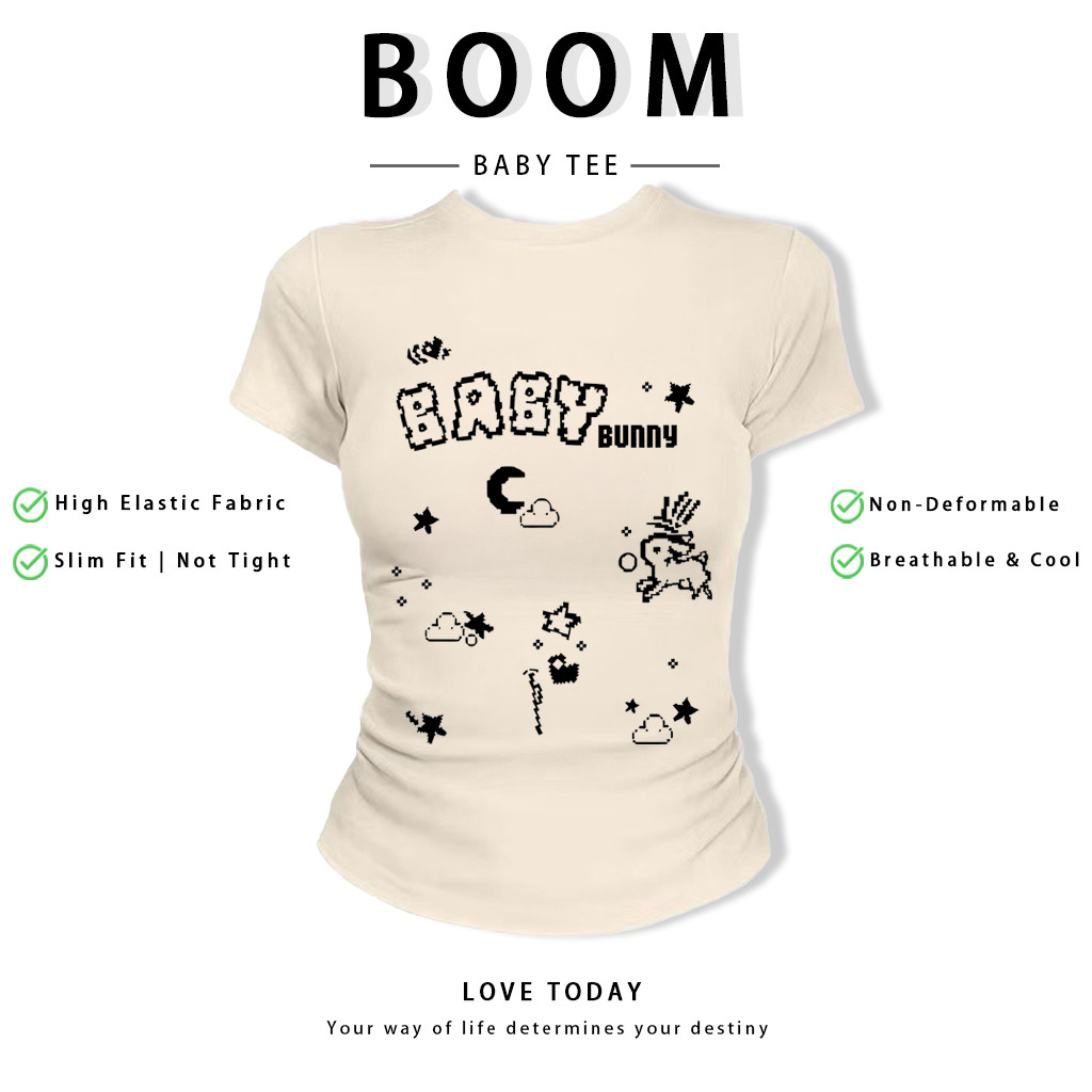 BOOM Áo Baby Tee Nữ Cotton Ôm Body-Áo Thun Ngắn Tay Y2K In Hình PhongCách Mùa Hè, Cổ Tròn Hàng Đầucách hàn quốc phongV15
