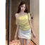 Áo thun cổ một vai sọc màu vàng dành cho nữ mùa hè giả hai mảnh Slim-fit Sli