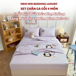 Bộ chăn ga gối kèm chăn chần bông mỏng, họa tiết đính nổi siêu dễ thương và độ bền cao Memminbedding