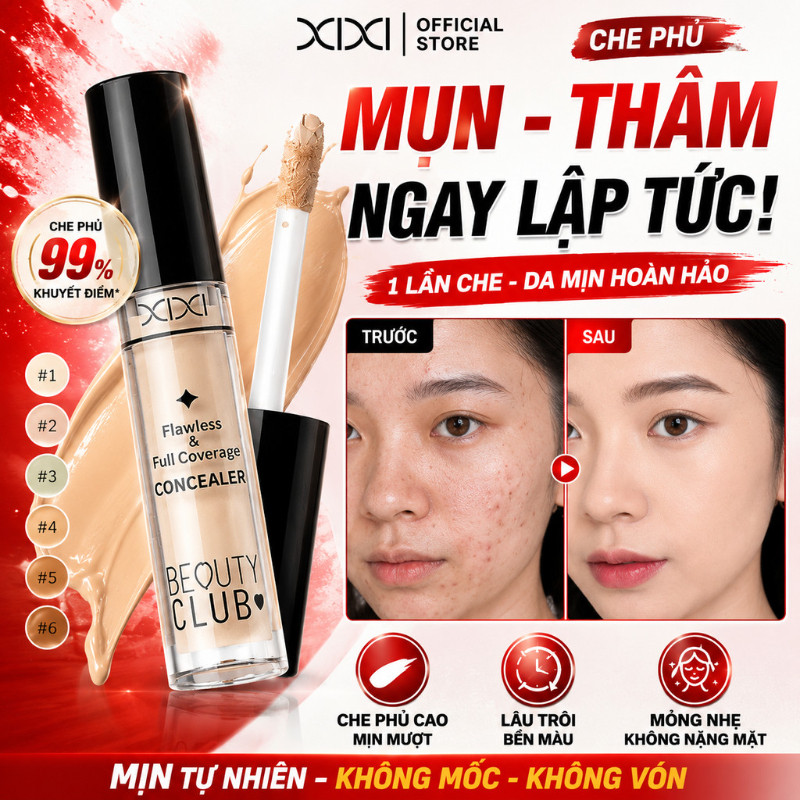 XIXI WM012 Kem Che Khuyết Điểm Dạng Lỏng, Che Quầng Thâm Mụn, Lâu Trôi, Mịn Nhẹ, Tự Nhiên