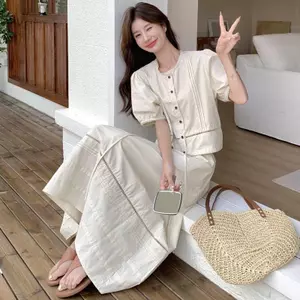 Áo cao cấp Fat mm + Bộ váy cạp cao Váy dài mùa hè Bộ đồ hai mảnh giảm tuổi