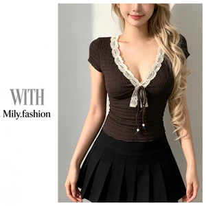 Milyfashion Pure Desire Cổ Chữ V Ren Khâu Màu Sắc Tương Phản Phối Ren Áo Thun Retro Mỏng Hơn Nhìn Ngắn Top Bé tee Ba Lê Phong Cách BQLM