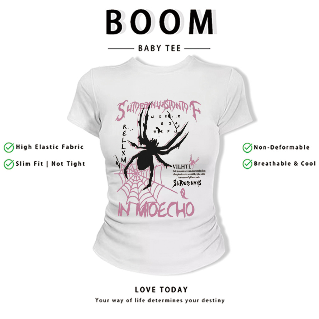BOOM Áo Baby Tee Nữ Cotton Ôm Body-Áo Thun Ngắn Tay Y2K In Hình PhongCách Mùa Hè, Cổ Tròn Hàng Đầucách hàn quốc phongX27