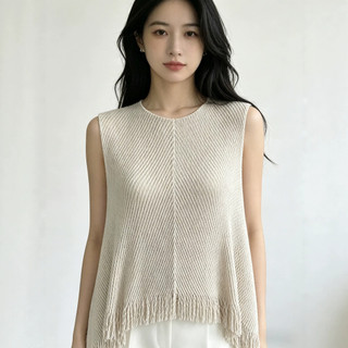 Áo Vest không tay xếp ly Miyake cổ tròn có viền thường ngày