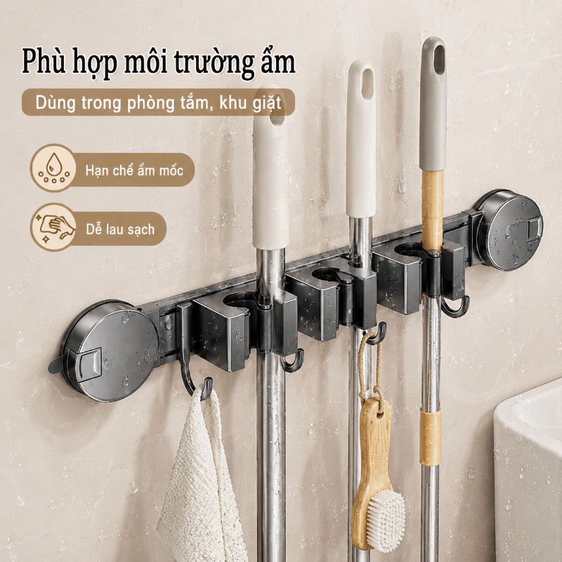 Thanh móc kẹp chổi,Hút Chân Không Gắn Tường,móc treo cây lau nhà đa năng dán tường,Không Hỏng Tường