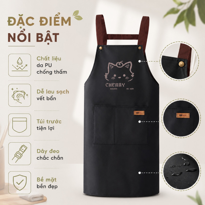Tạp dề nhà bếp unisex chống nước, chống dầu hiệu quả, in mèo hoạt hình dùng cho gia đình