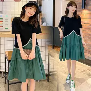 Mùa hè Phong cách mới Plus Size dành cho nữ Phong cách phương Tây Hồng Kông Màu sắc tương phản dáng rộng mỏng hơn Váy ngắn tay màu đỏ