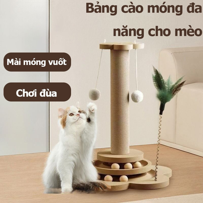 Trụ cào móng kèm đồ chơi bóng,5 trong 1,Giúp mèo cào móng và vui chơi thỏa thích,Giá leo mèo, có lông vũ