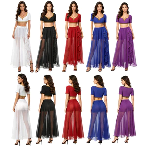Nyeemya Nữ Bụng Khiêu Vũ Trang Vàng Viền Cổ Chữ V Tay Ngắn Crop Top Với Co Giãn Thắt Lưng Xù Bên Chia Flowy Voan Váy