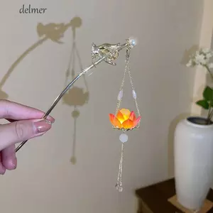 DELMER LED Light Hair Fork, Lotus Tua Rua Lantern Hair Stick, Mũ Ngọc Trai Đính Hạt Phụ Kiện Tóc Dạ Quang Lotus Kẹp Tóc Đảng