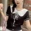 ECK Mùa Hè Hàn Quốc Ngọt Nơ Buộc Ruffle Cổ Búp Bê Tay Ngắn Đa Năng Dệt Kim Áo Sơ Mi Nữ HOT