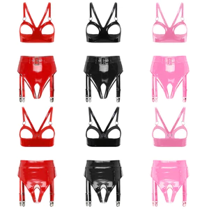 Nyeemya Women Wet Look PU Leather Clubwear Open Cup Áo ngực chữ O không dây và váy mini xù có dây kèm kẹp Garter cho hộp đêm Tiệc Rave