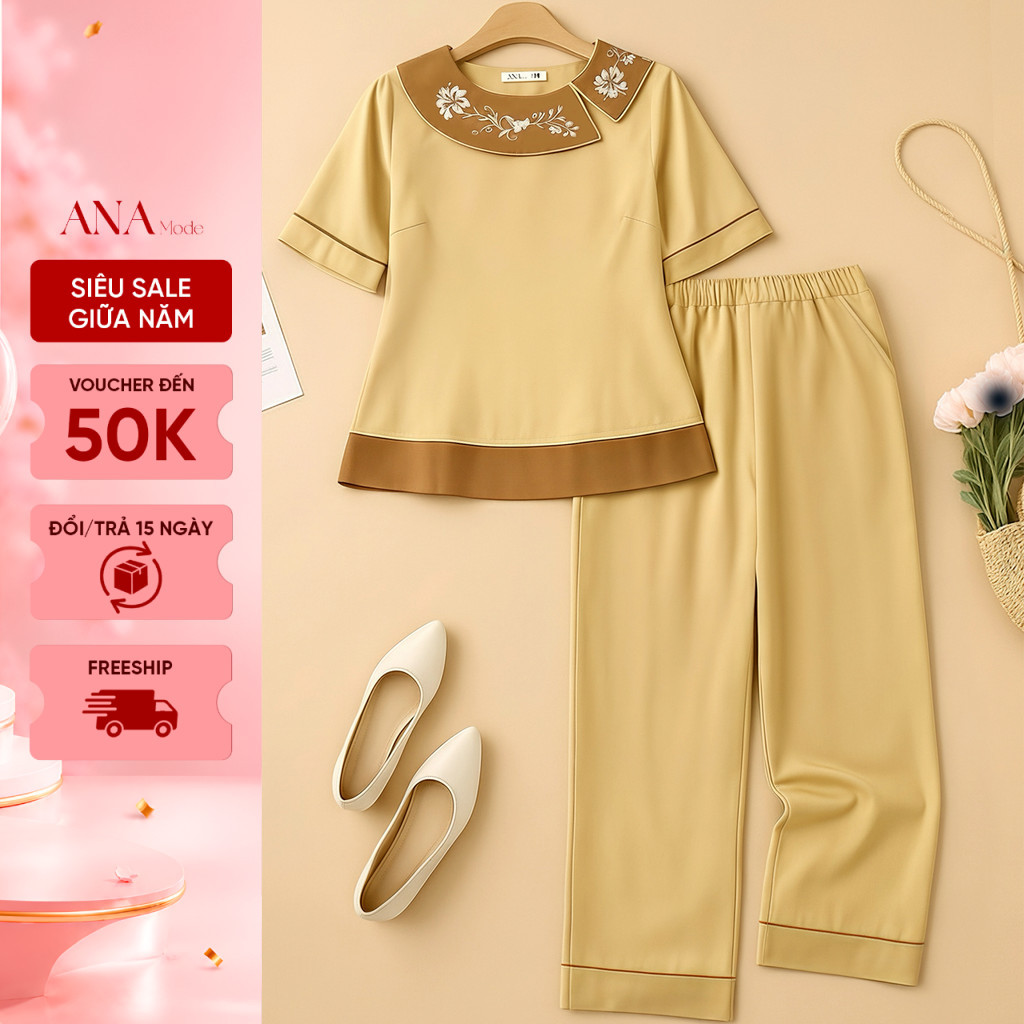 Đồ Bộ Thoáng Mát Trung Niên ANA Mode Chất Liệu Lụa Ánh Nhung Mềm Mịn Mát Ở Nhà Quà Tặng Mẹ DB25CHD06