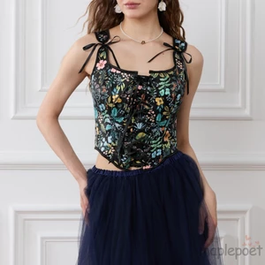MAPLEPOET-Nữ Vintage Tank Tops Không Tay Hoa Viền Slim Fit Corset Camisoles