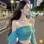Áo crop top lưới lệch vai mùa hè dài tay ngày lễ ngọt ngào xếp li mới