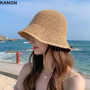 Mũ che nắng ngoài trời KANGN, Mũ xô rơm dệt tay thoáng khí, Mũ chống tia cực tím mùa hè Mũ ngư dân có thể gập lại cho nữ đi biển