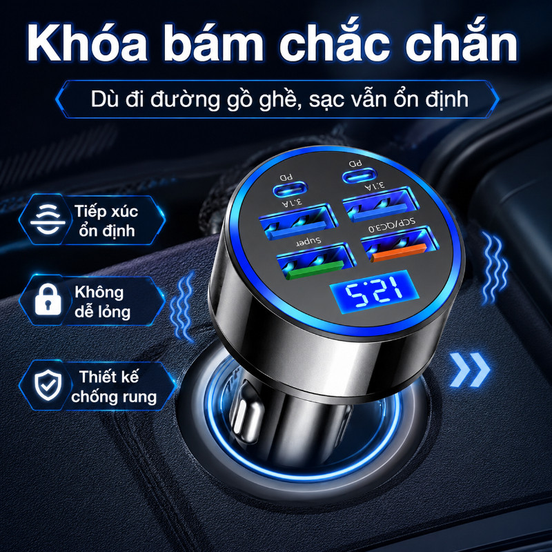 Tẩu Sạc Ô Tô Nhanh 12V/24V, 6 Cổng USB C PD QC3.0, Sạc Nhanh 300W Có Đèn LED, Màn Hình Hiển Thị