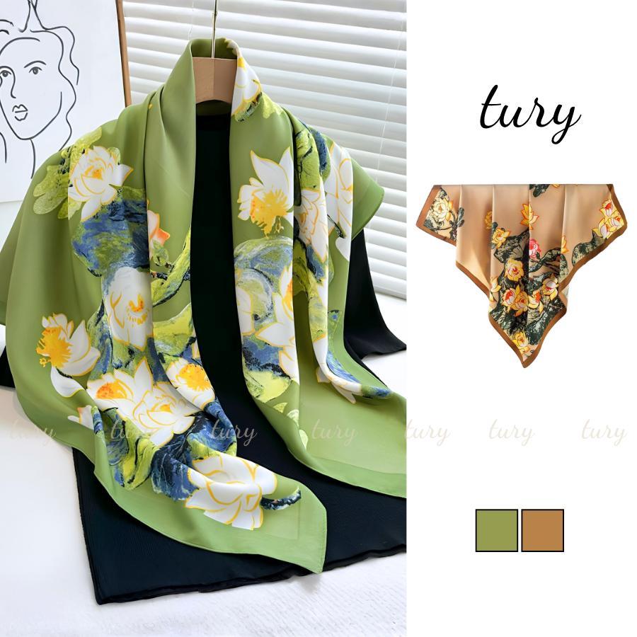 Khăn Lụa Nữ - Tury - Khăn Lụa Chiffon 90x90cm Họa Tiết Hoa Sen - K9080