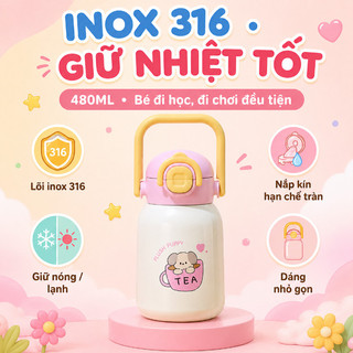 Bình giữ nhiệt bé inox 316 – 480ml, ống hút chống tràn – Nắp kép mở 1 chạm, quai xách – Giữ nóng/lạnh–Bé đi học, đi chơi