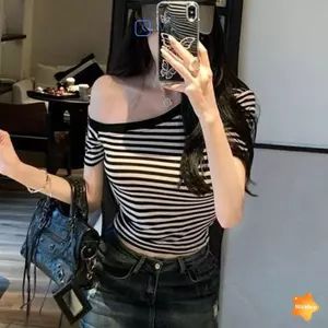 Mùa hè Retro Sọc Gợi Cảm Ngoài Vai Áo Thun Nữ Crop Top Mới